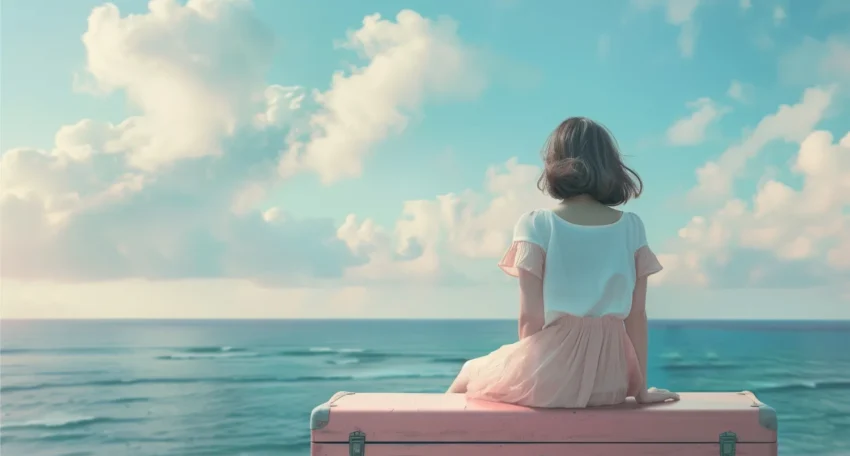 Una persona sentada sobre una maleta rosa, mirando el mar y el cielo despejado, evocando tranquilidad y reflexión.