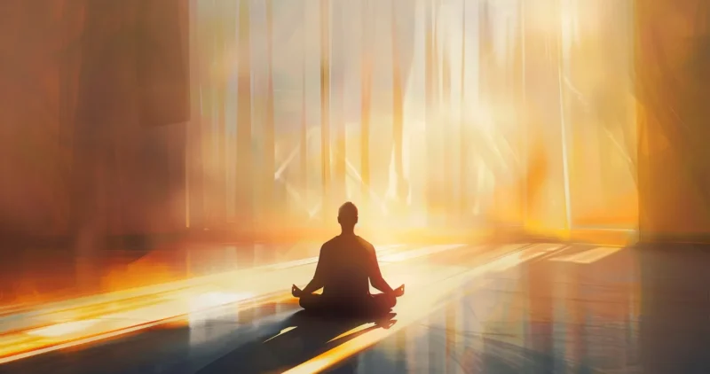 Silhouette de una persona meditando en un ambiente iluminado por tonos cálidos y suaves, evocando paz y serenidad.
