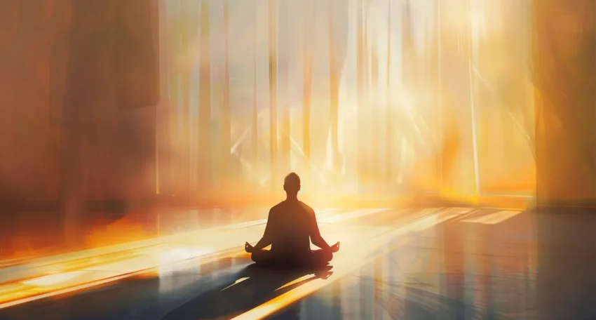 Silhouette de una persona meditando en un ambiente iluminado por tonos cálidos y suaves, evocando paz y serenidad.